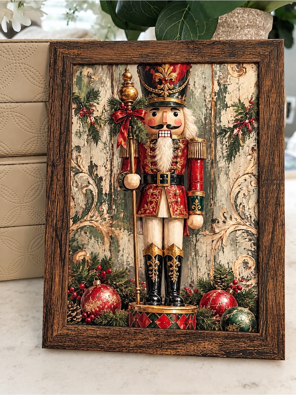 Framed Red Nutcracker Holiday Wall Art - Decorative Home Holiday Print 5x7